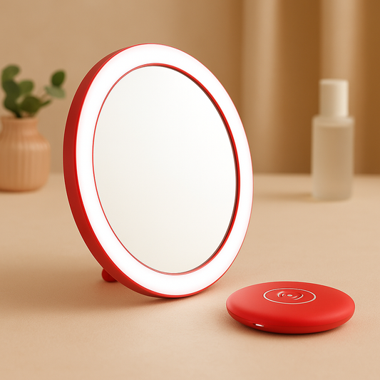 Rechargeable LED Handheld Makeup Mirror with 3x magnification and adjustable brightness by Ethos Bloom