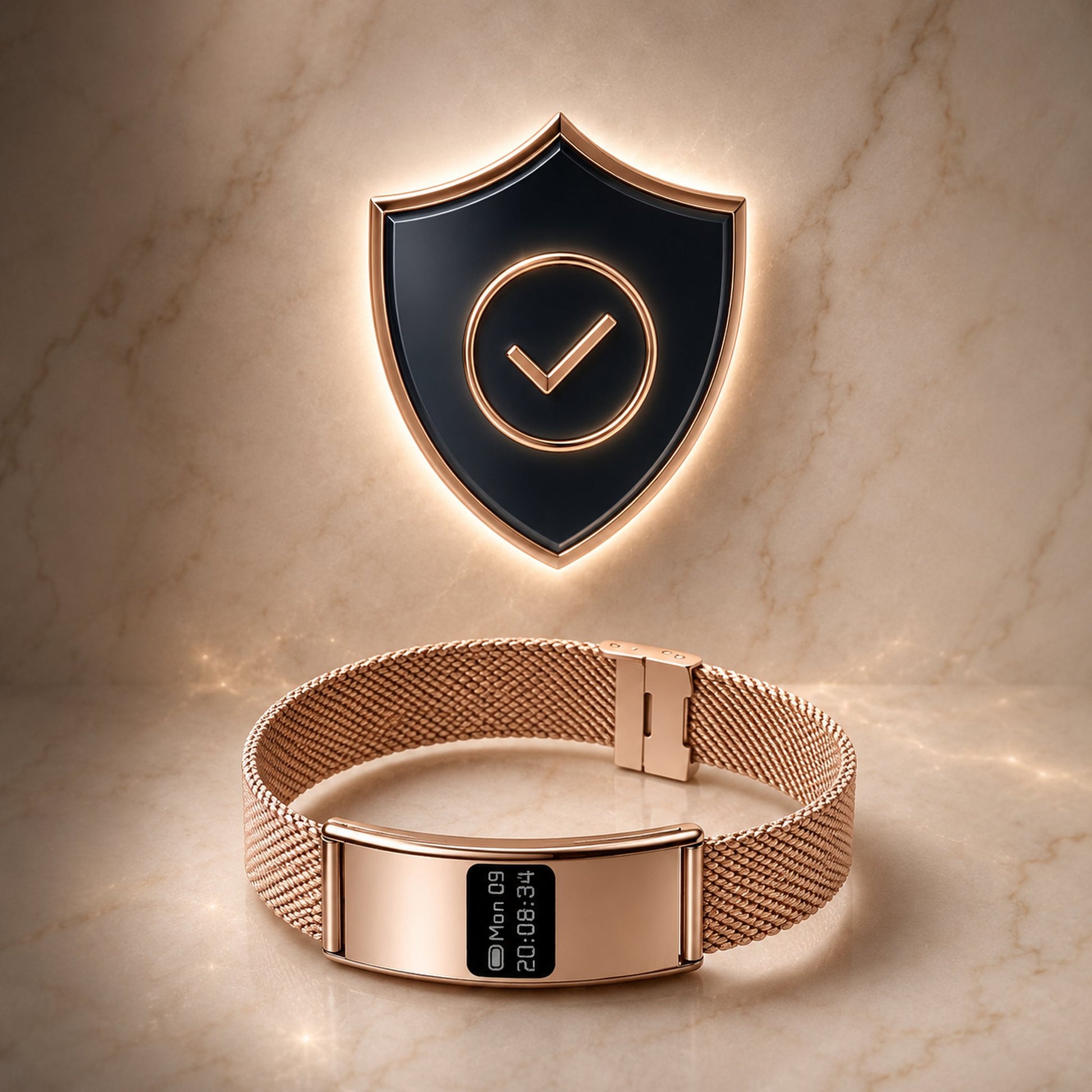 Slunix 30-day money-back guarantee shield badge with rose gold sleep band coiled beneath it, trust seal graphic