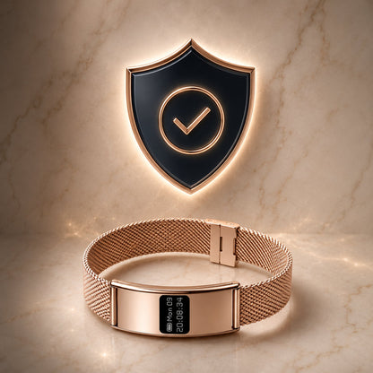 Slunix 30-day money-back guarantee shield badge with rose gold sleep band coiled beneath it, trust seal graphic