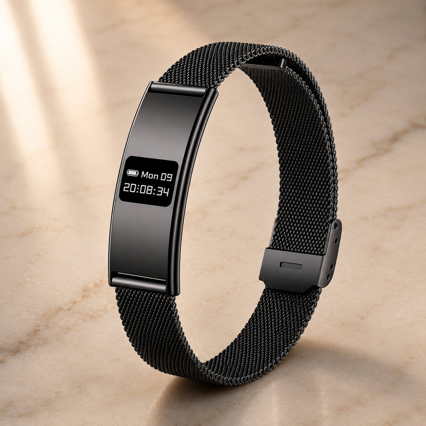 Slunix Sleep Band black stainless steel mesh strap, premium product photography on marble surface