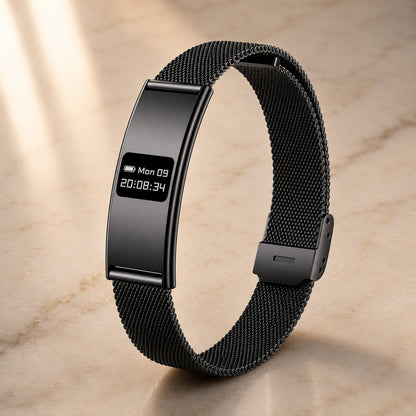 Slunix Sleep Band black stainless steel mesh strap, premium product photography on marble surface
