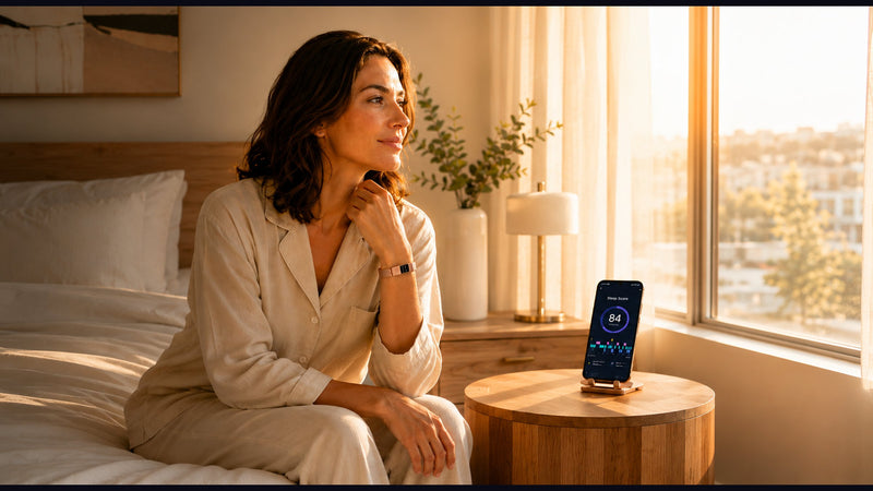 Woman sitting on her bed at sunrise wearing the Slunix sleep band, final call to action banner for better sleep