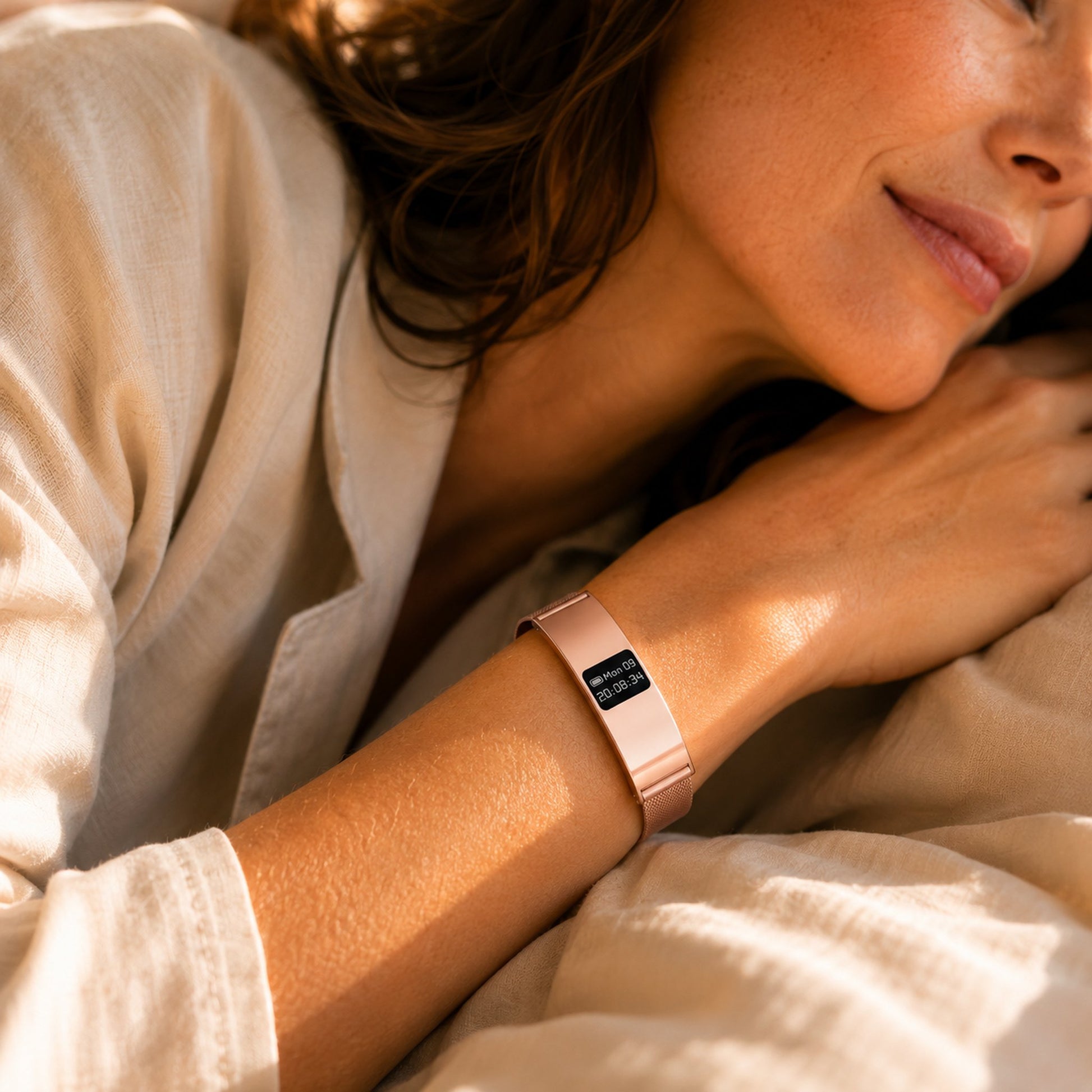 Close up of woman's wrist wearing the Slunix rose gold sleep band in bed, soft morning light lifestyle photography