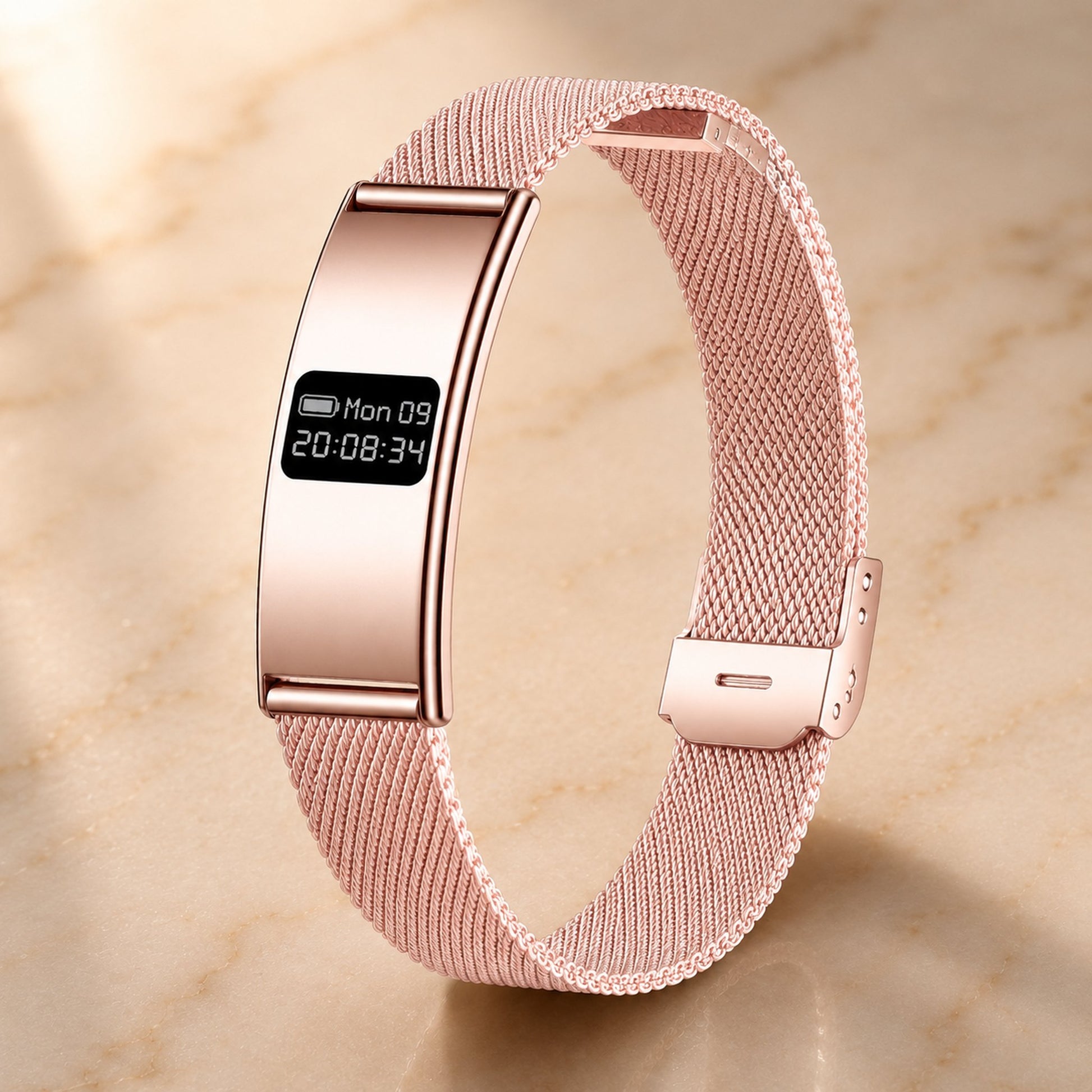 Slunix Sleep Band rose gold stainless steel mesh strap, premium product photography on cream marble surface