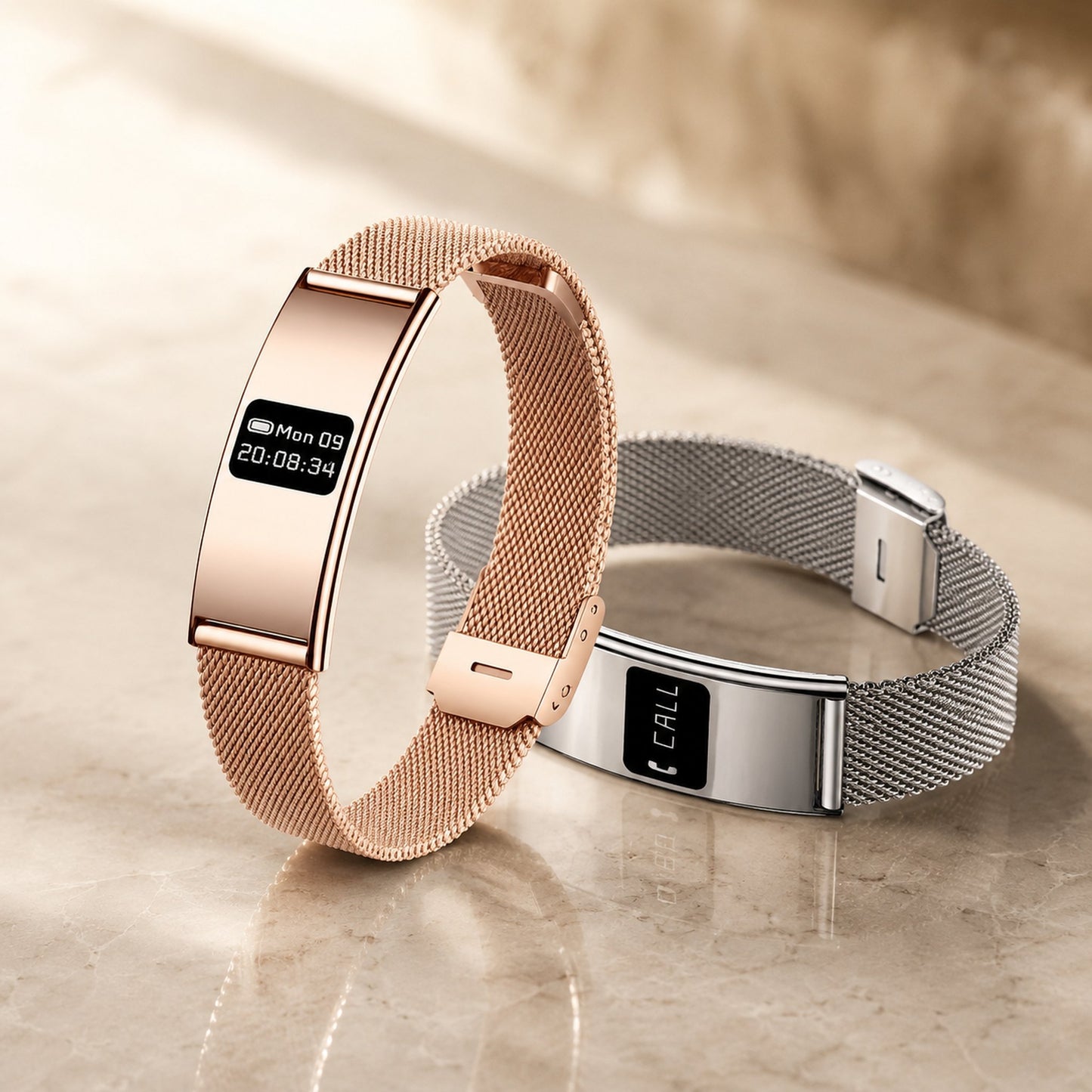 Slunix Sleep Band in rose gold and silver stainless steel mesh, premium product photography on marble surface