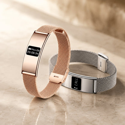 Slunix Sleep Band in rose gold and silver stainless steel mesh, premium product photography on marble surface