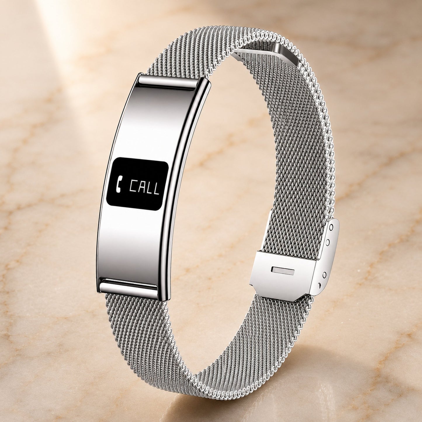 Slunix Sleep Band brushed silver stainless steel mesh strap, premium product photography on marble surface