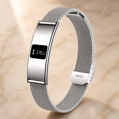 Slunix Sleep Band brushed silver stainless steel mesh strap, premium product photography on marble surface